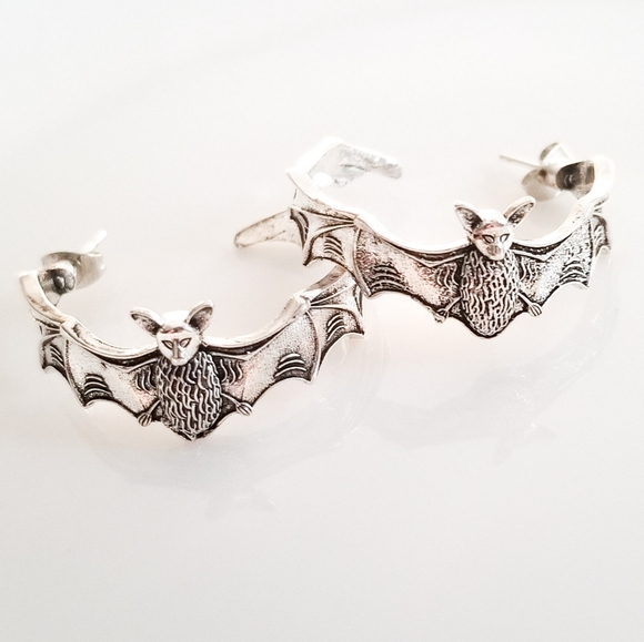 NEW Dolls Kill Silver Bats Gothic Vampire Witchy Style Hoop Earrings - Picture 10 of 15